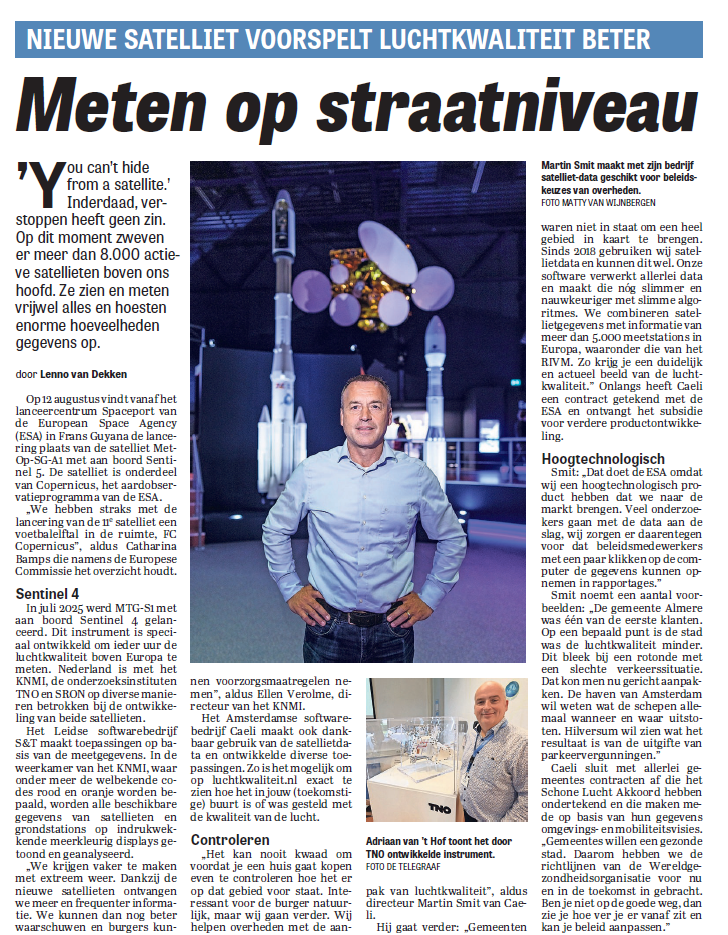 Nieuwe satelliet voorspelt luchtkwaliteit beter, artikel over Caeli in De Telegraaf
